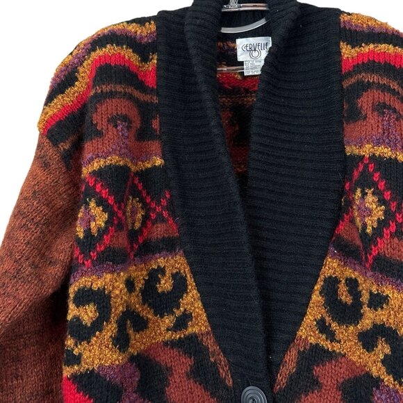 Cervelle Wool Southwest Leopard Striped Buttoned Oversized Cardigan Tan Size S - Picture 3 of 8